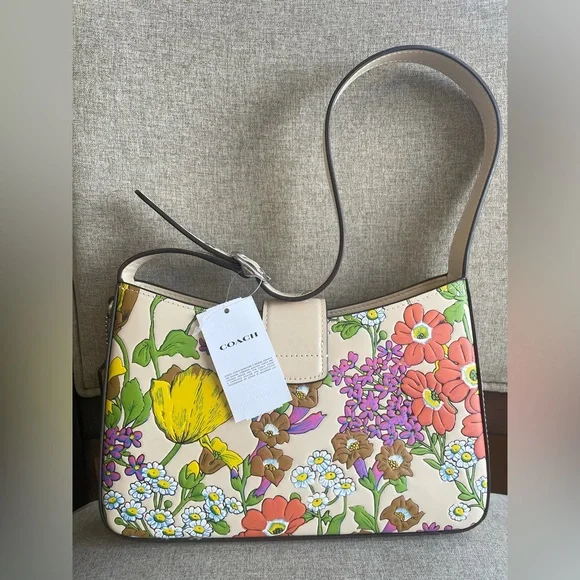 NWT！COACH ELIZA SHOULDER BAG WITH FLORAL PRINT (COACH CR161)SILVER/IVORY MULTI